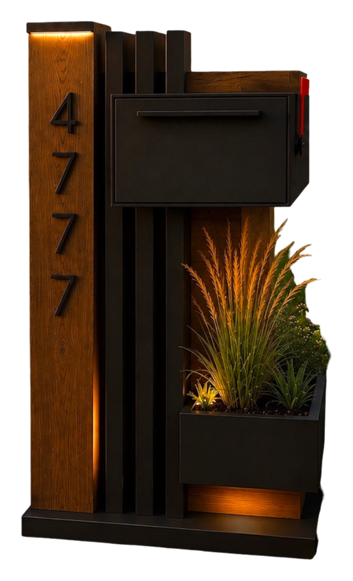 The Arbor architectural wood, aluminum, lighting, and integrated planter mailbox