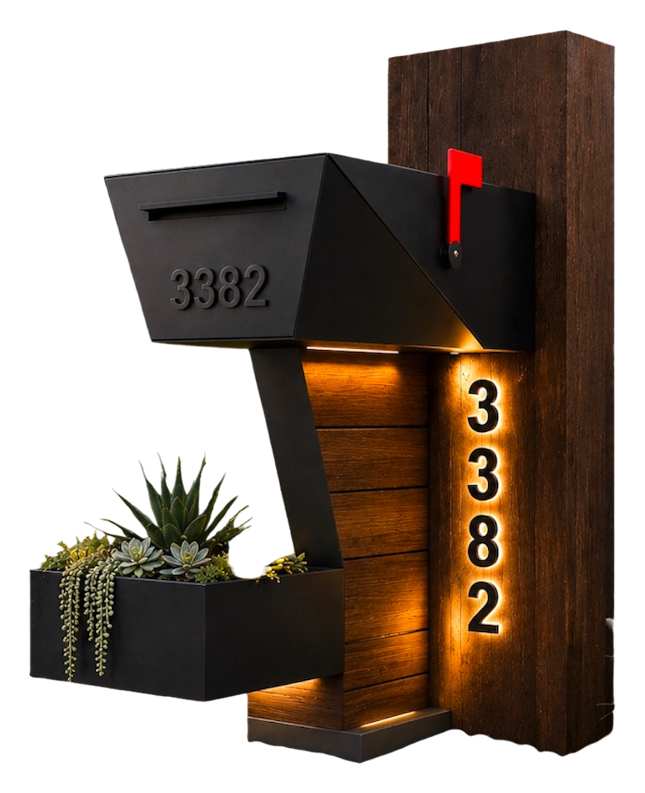 The Atrium architectural wood, aluminum, lighting, and integrated planter mailbox