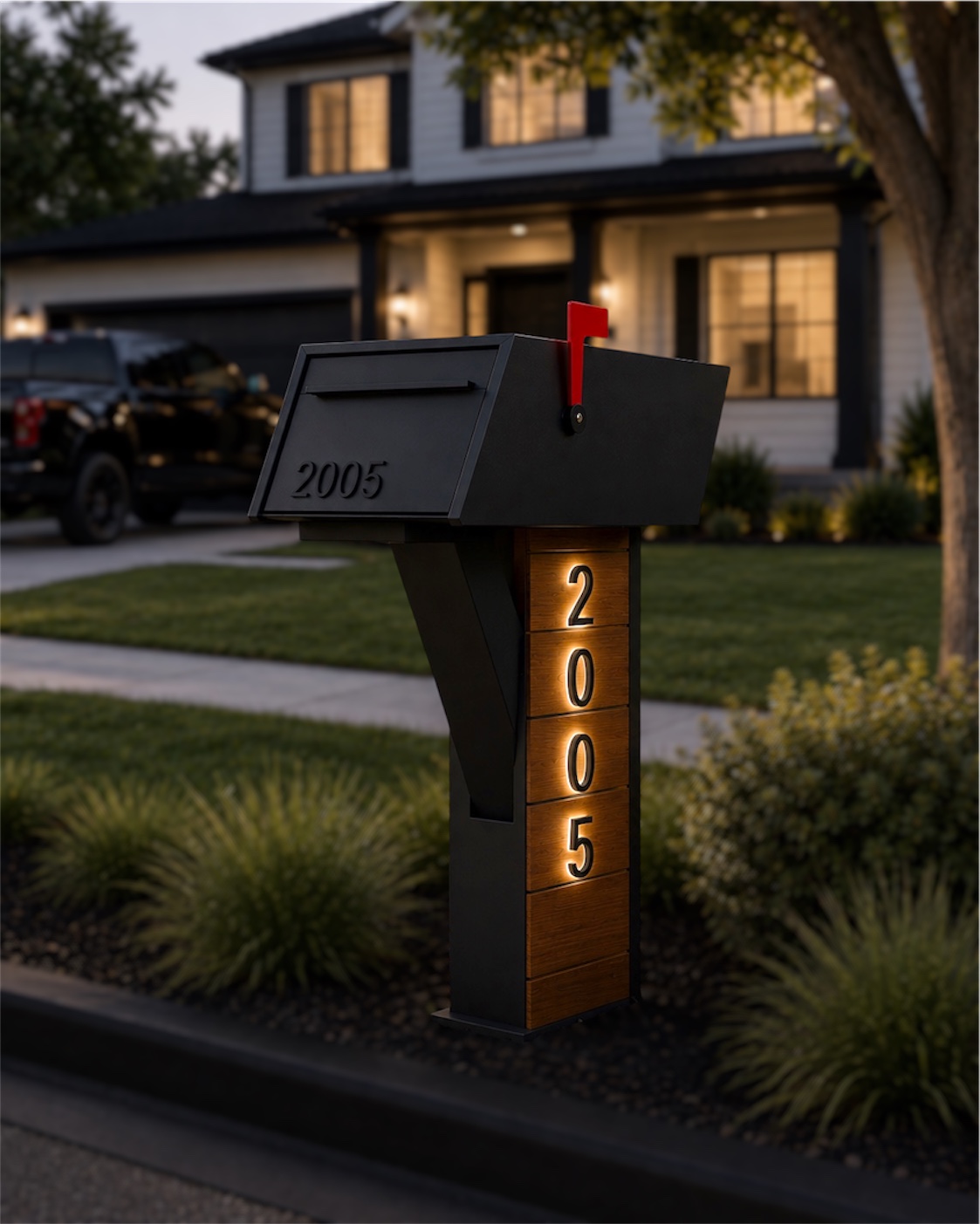 The Nightfall architectural mailbox installed at the curb