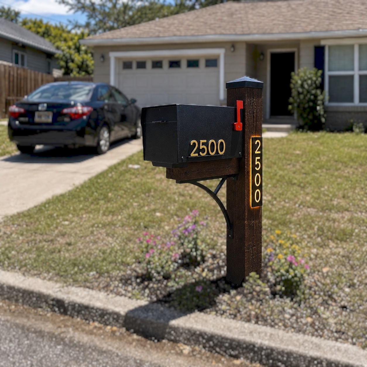 The Signature mailbox installed at a real curb with dark walnut wood and a black backing plate