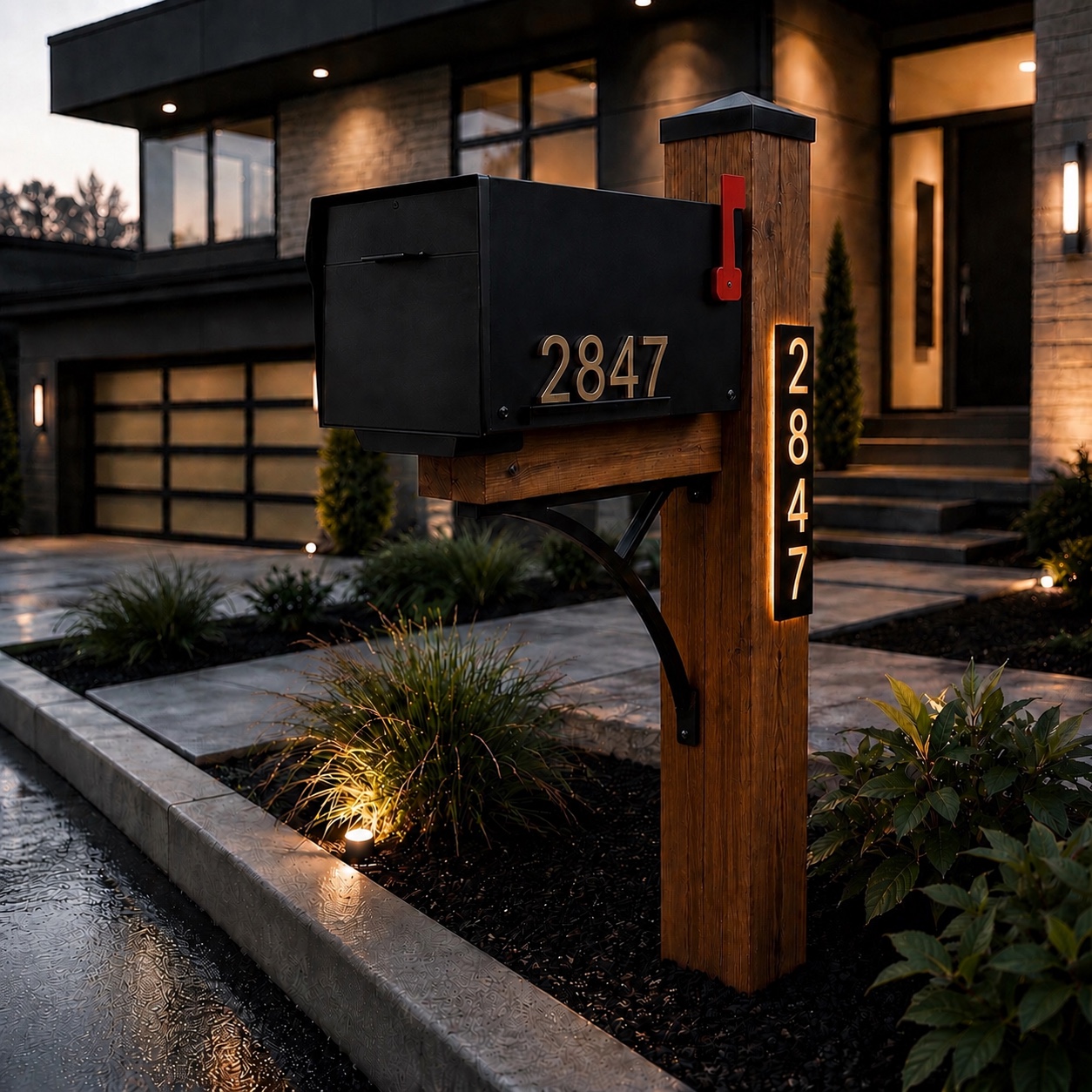 The Signature mailbox with illuminated numbers in front of a modern home