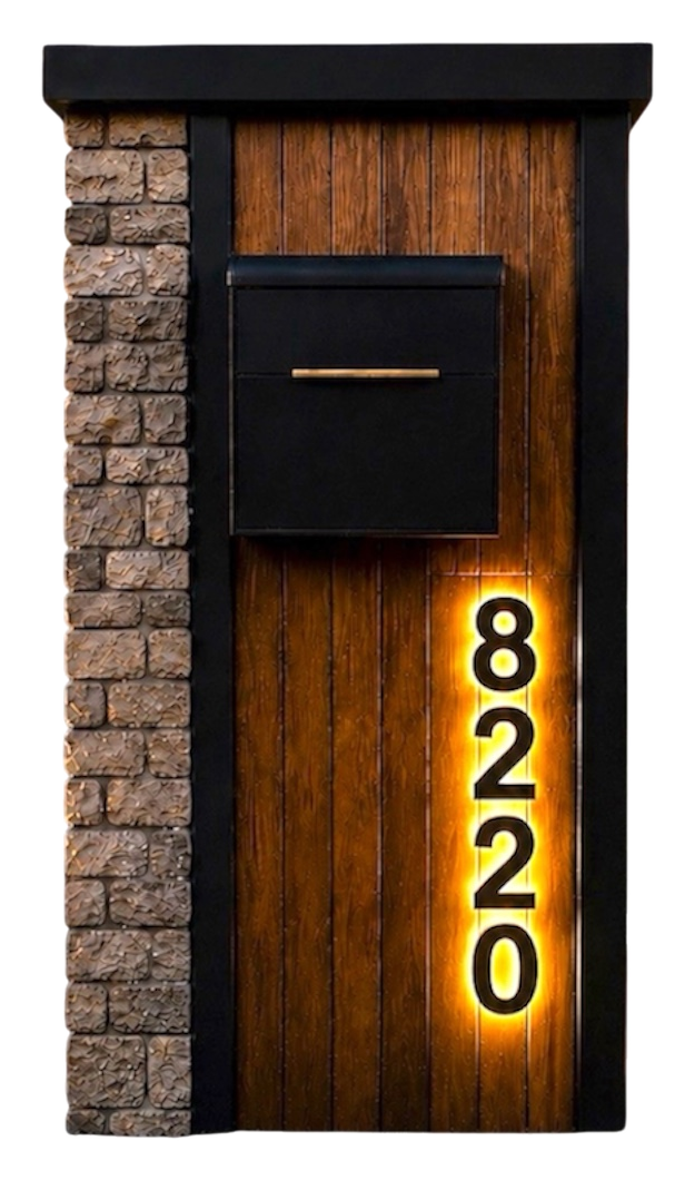The Vista Stone architectural stone, wood, and steel mailbox