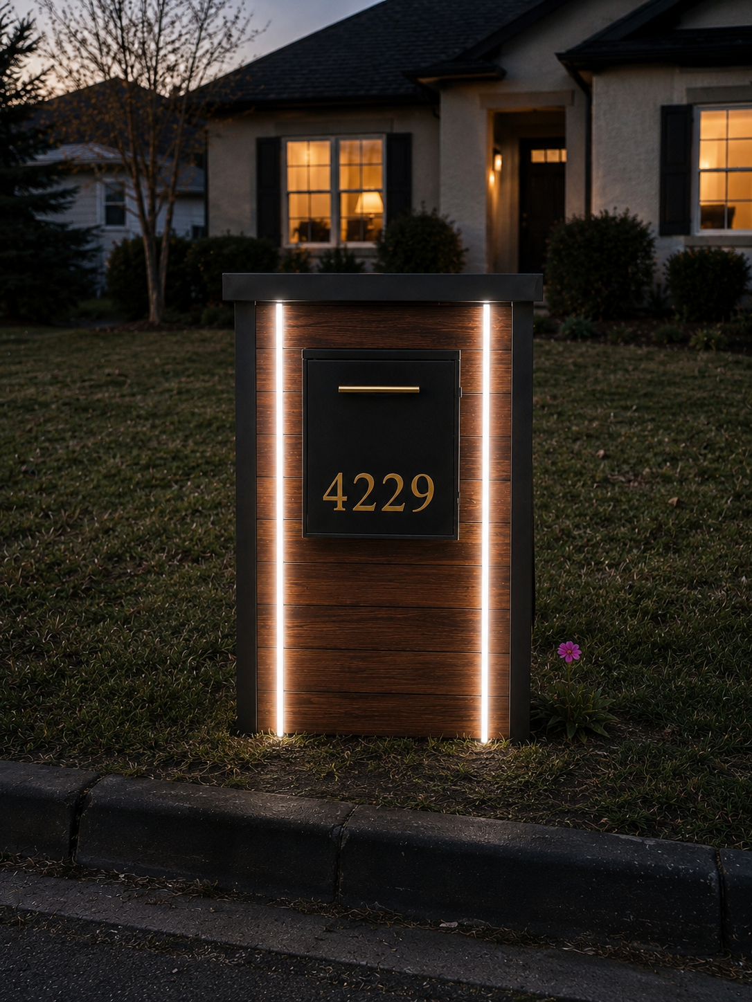 The Vista mailbox installed at a real curb with white LED backlighting